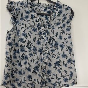 Floral Ruffle Sleeve Top - Blue and White